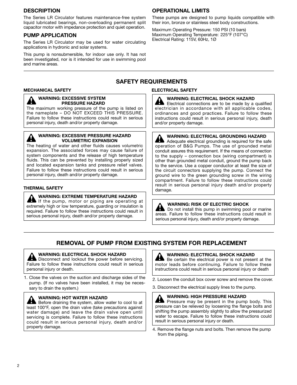 Safety requirements | Bell & Gossett P86101D Series LR Circulators User Manual | Page 2 / 4