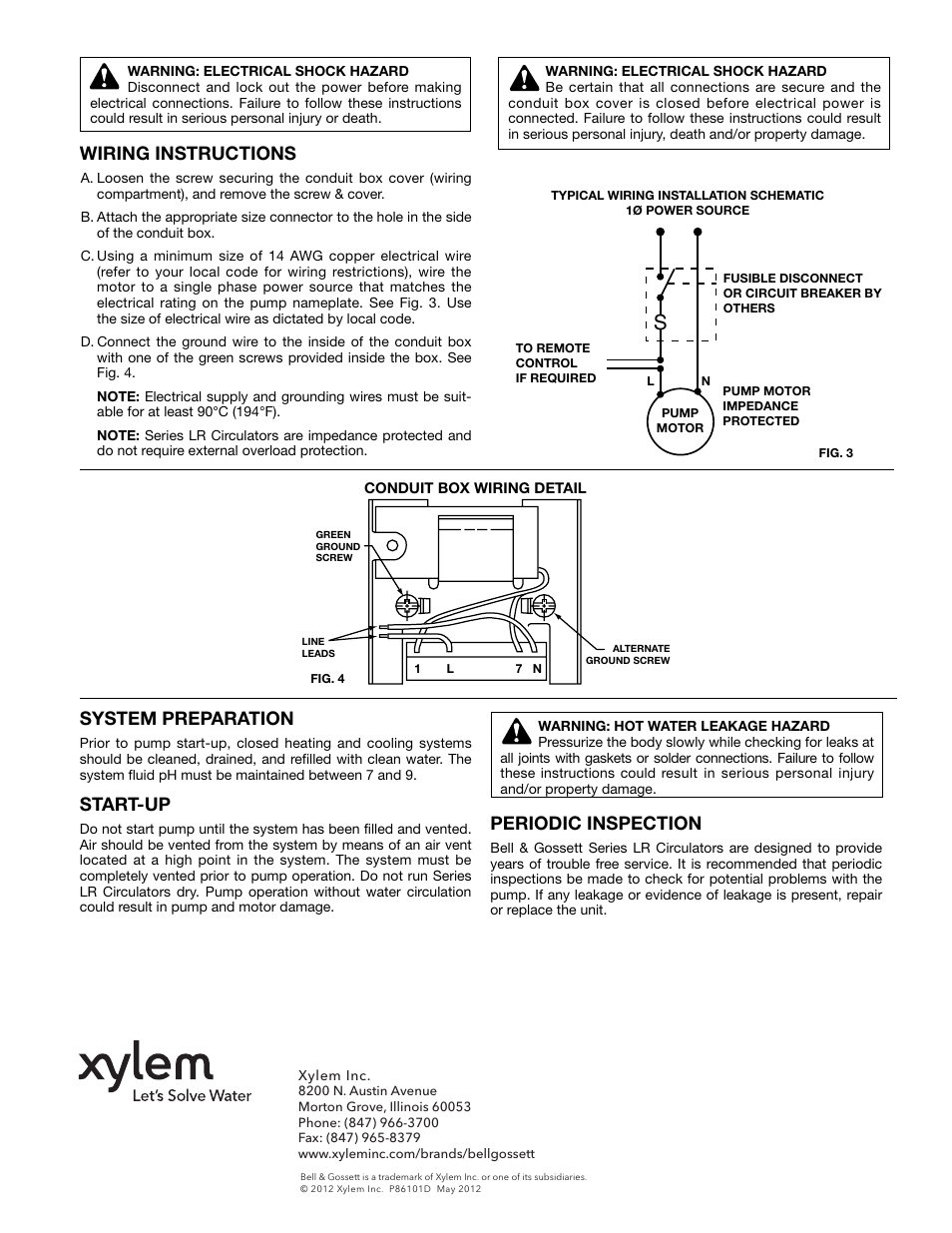 System preparation, Start-up, Periodic inspection | Wiring instructions | Bell & Gossett P86101D Series LR Circulators User Manual | Page 4 / 4