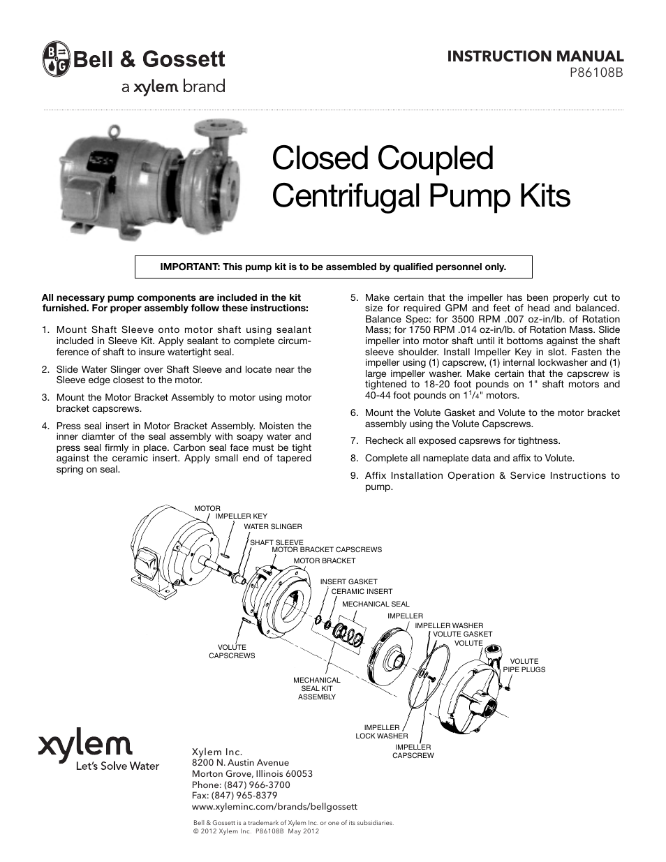 Bell & Gossett P86108B Closed Coupled Centrifugal Pump Kit User Manual | 1 page