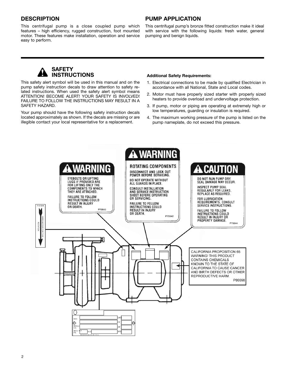 Safety instructions, Description, Pump application | Bell & Gossett P86109C Close Coupled Centrifugal Pumps User Manual | Page 2 / 6