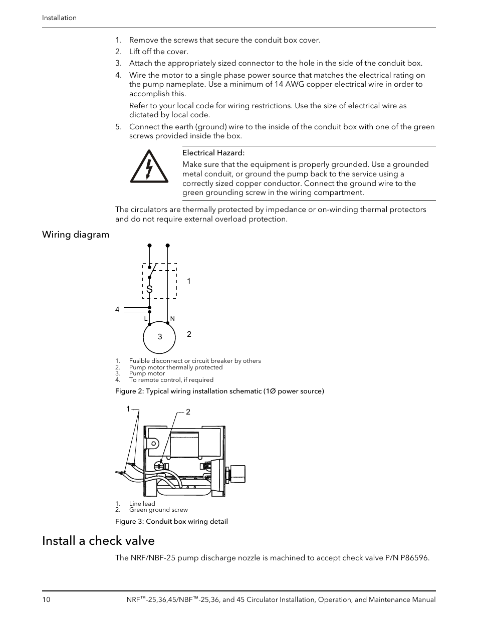 Wiring diagram, Install a check valve | Bell & Gossett P86203F NBF 45 Circulator User Manual | Page 12 / 20