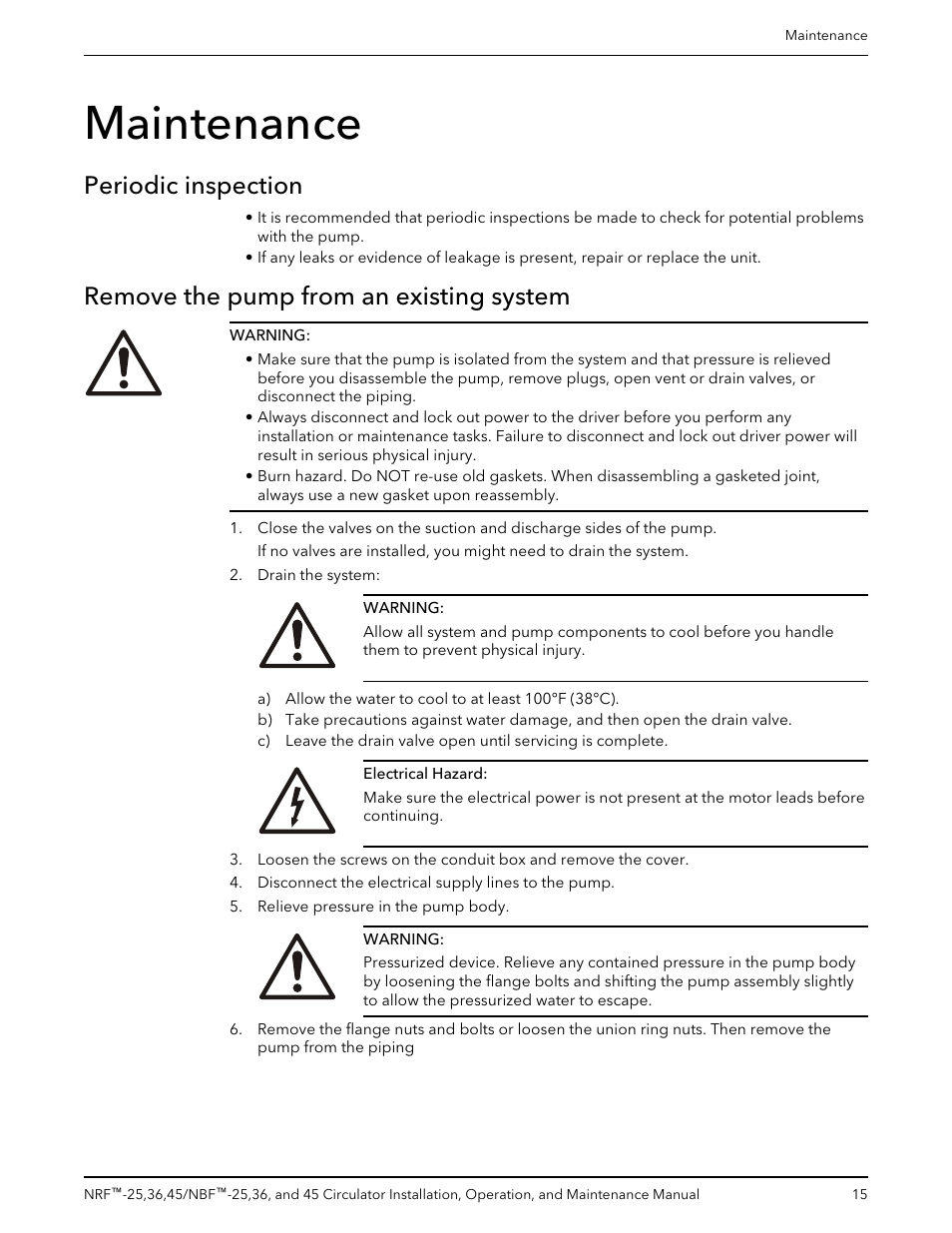 Maintenance, Periodic inspection, Remove the pump from an existing system | Remove the pump from an existing, System | Bell & Gossett P86203F NBF 45 Circulator User Manual | Page 17 / 20