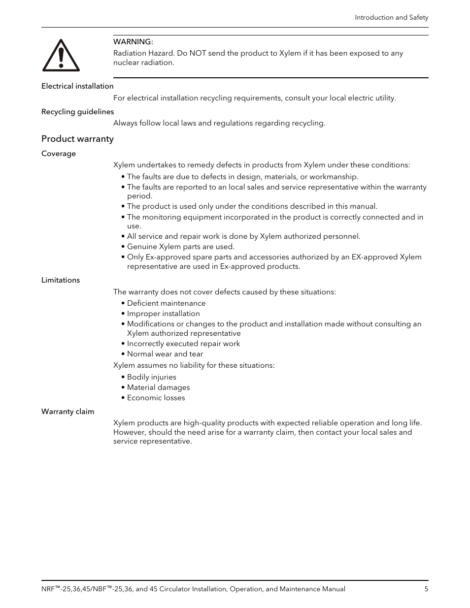 Product warranty | Bell & Gossett P86203F NBF 45 Circulator User Manual | Page 7 / 20