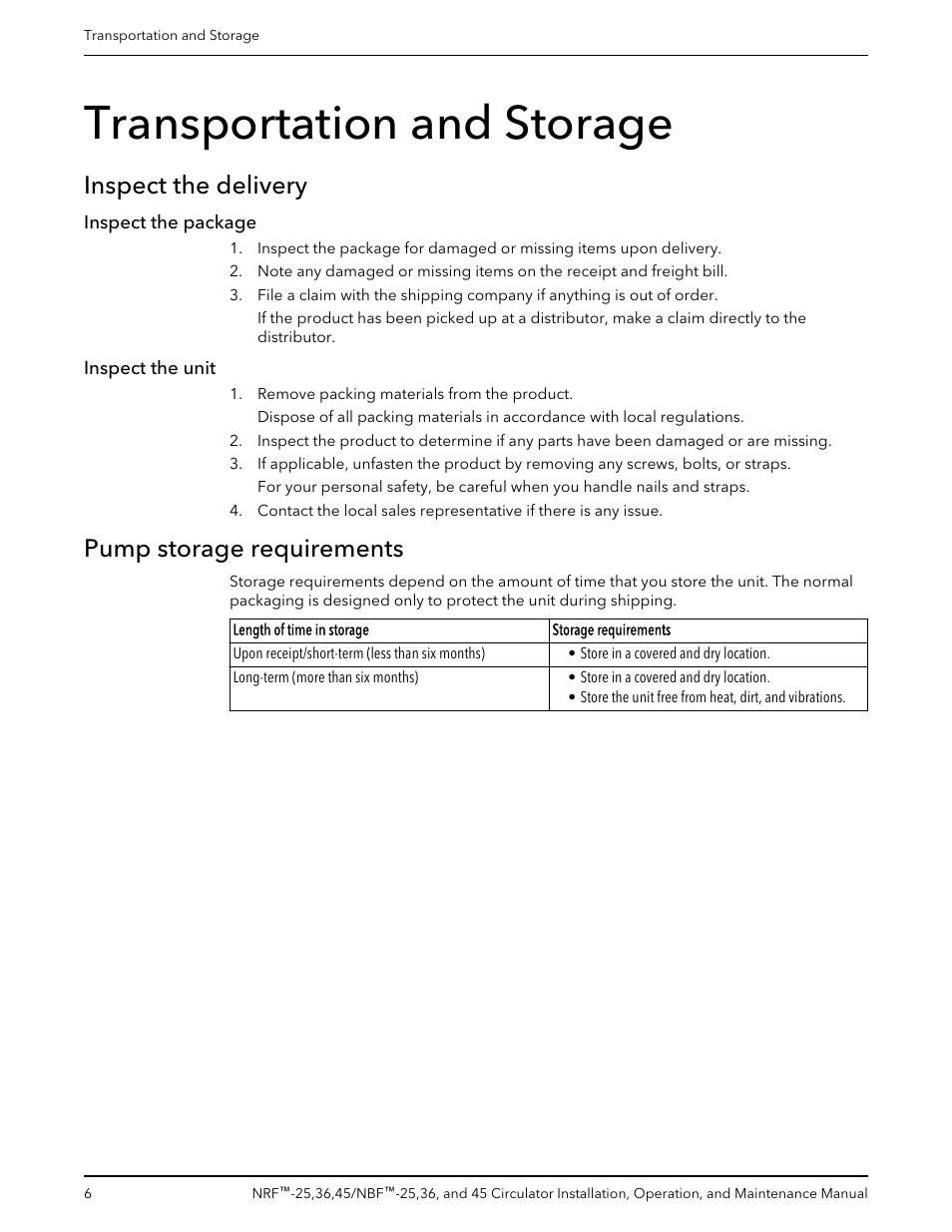 Transportation and storage, Inspect the delivery, Inspect the package | Inspect the unit, Pump storage requirements, Inspect the package inspect the unit | Bell & Gossett P86203F NBF 45 Circulator User Manual | Page 8 / 20