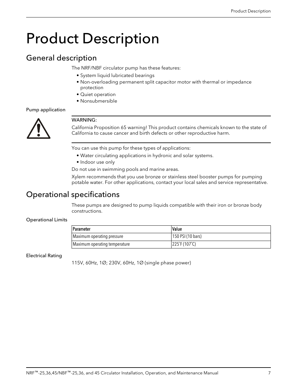 Product description, General description, Operational specifications | General description operational specifications | Bell & Gossett P86203F NBF 45 Circulator User Manual | Page 9 / 20