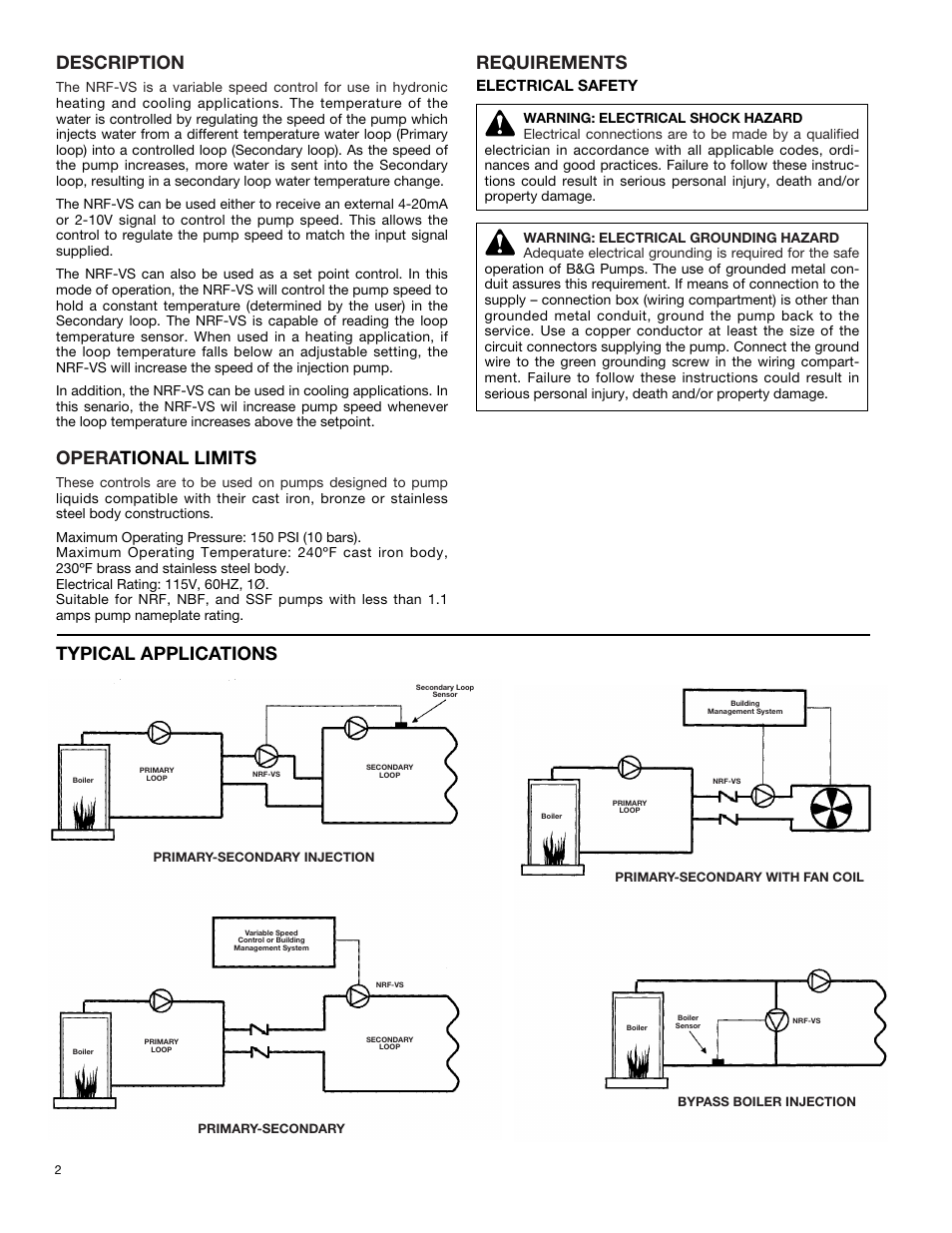 Requirements, Typical applications, Description | Opera tional limits, Electrical safety | Bell & Gossett P86271B Variable Speed NRF-VS Control with setpoint or external signal follower User Manual | Page 2 / 8