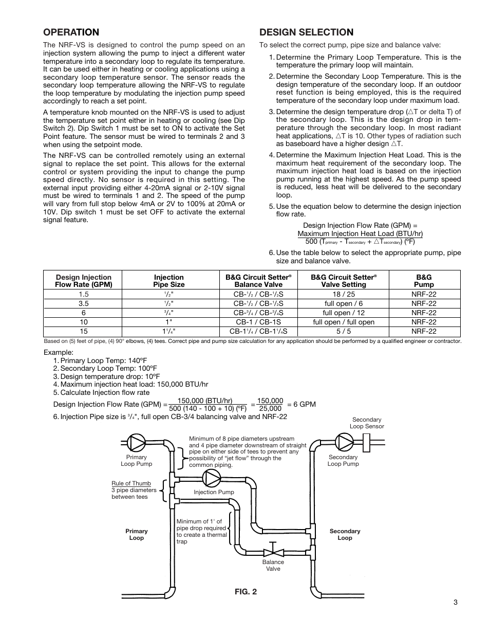 Opera tion, Design selectio n | Bell & Gossett P86271B Variable Speed NRF-VS Control with setpoint or external signal follower User Manual | Page 3 / 8