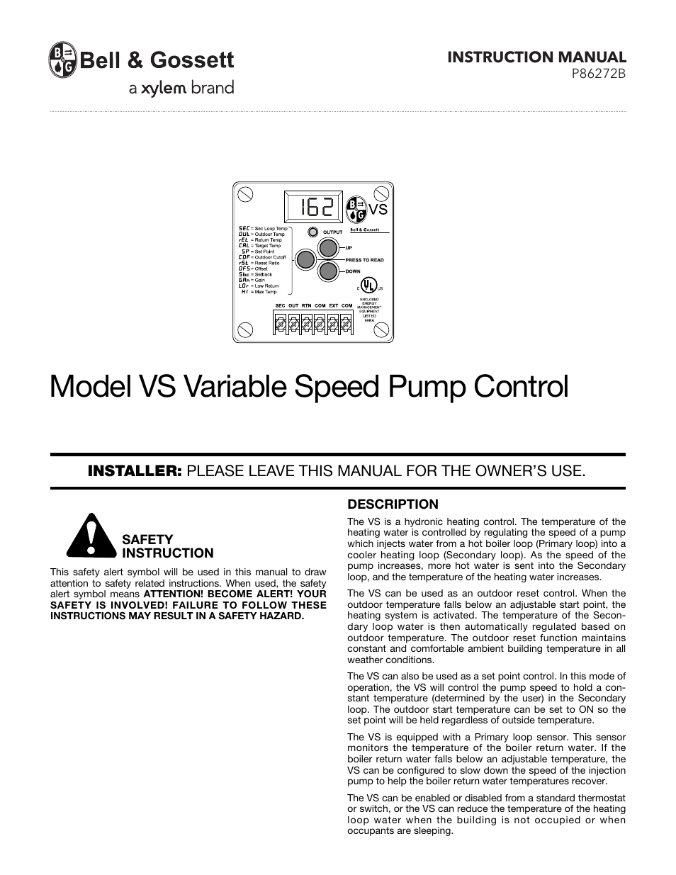 Bell & Gossett P86272B VS Variable Speed Pump Control User Manual | 12 pages