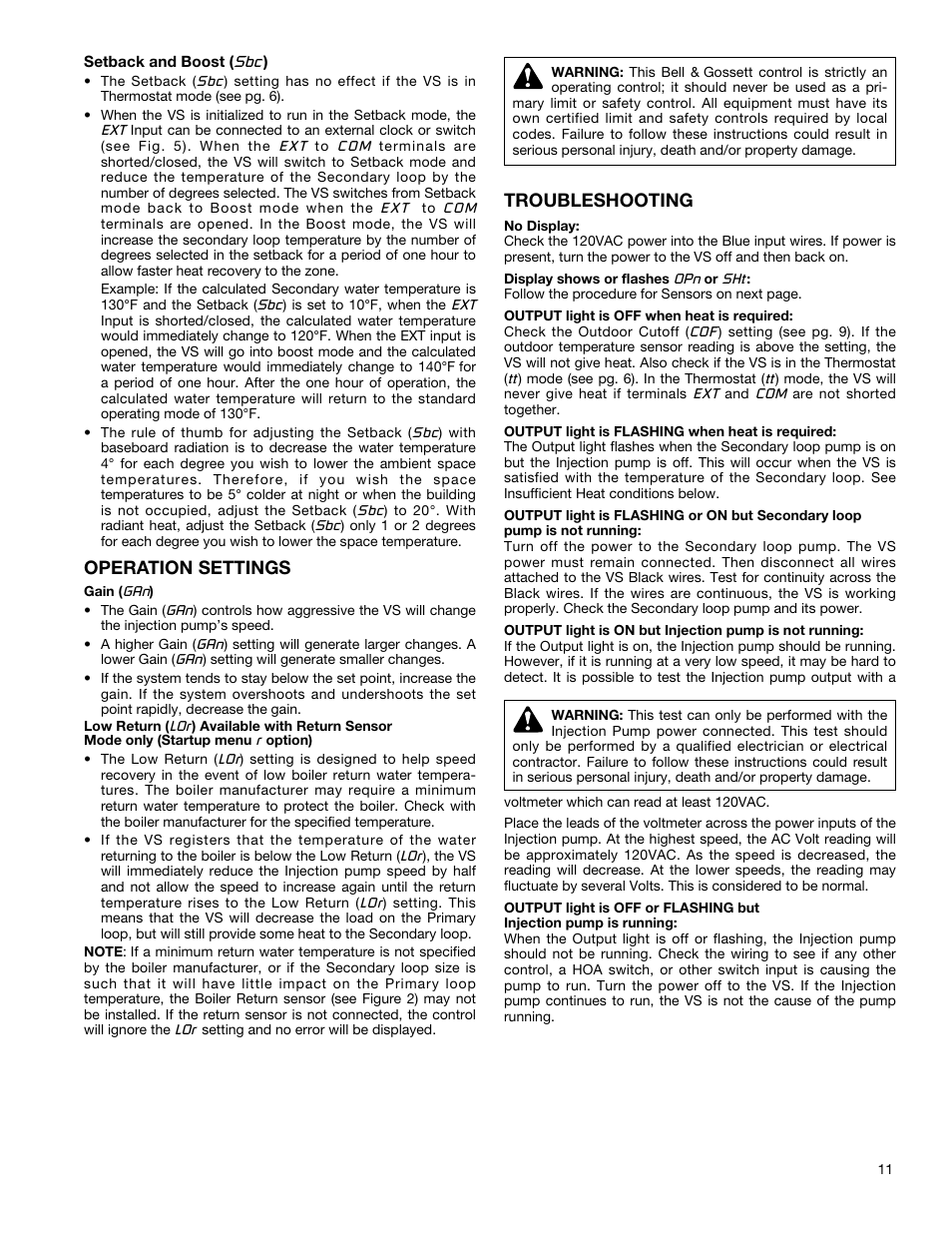 Operation settings, Troubleshooting | Bell & Gossett P86272B VS Variable Speed Pump Control User Manual | Page 11 / 12