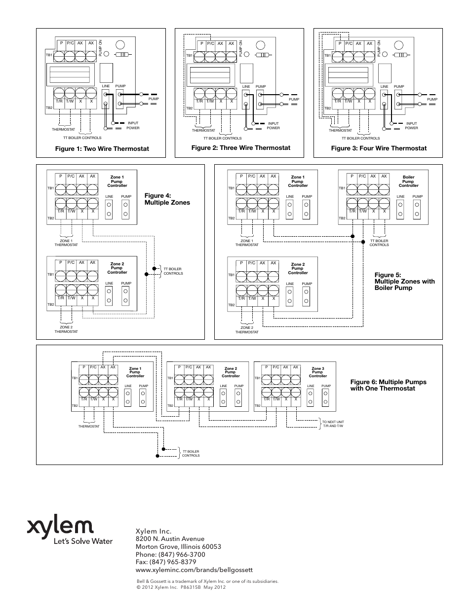 Xylem inc, Figure 1: two wire thermostat, Figure 2: three wire thermostat | Figure 4: multiple zones, Figure 3: four wire thermostat, Figure 5: multiple zones with boiler pump, Figure 6: multiple pumps with one thermostat | Bell & Gossett P86315B ZoneTrol II AZ-1A User Manual | Page 2 / 2