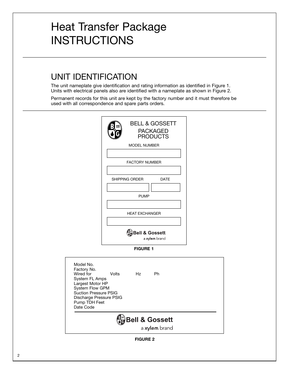 Heat transfer package instructions, Unit identification | Bell & Gossett S11574C Heat Transfer Package with Air Separation User Manual | Page 2 / 8