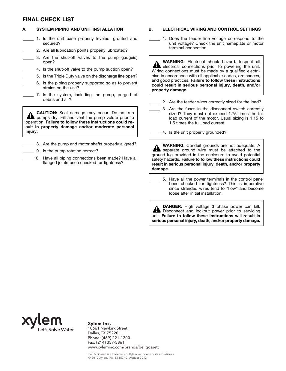 Final check list | Bell & Gossett S11574C Heat Transfer Package with Air Separation User Manual | Page 8 / 8