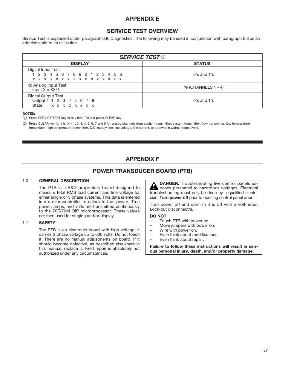 Service test, Appendix e service test overview, Appendix f power transducer board (ptb) | Bell & Gossett 70M Multiple Pump & Control Pressure Booster Systems User Manual | Page 27 / 28