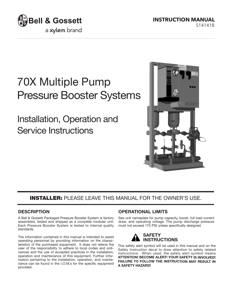 Bell & Gossett S14141B 70X Multiple Pump Pressure Booster Systems User Manual | 12 pages