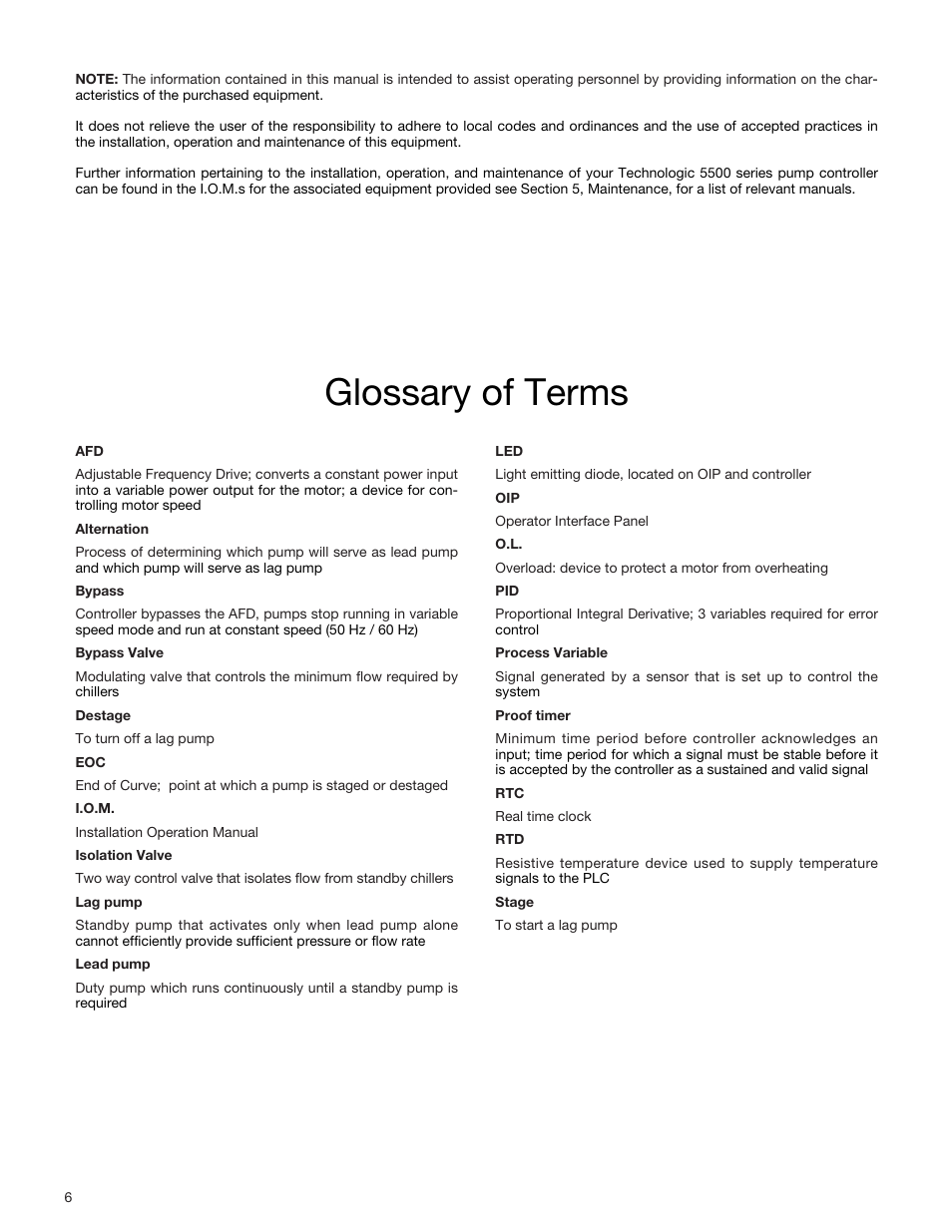 Glossary of terms | Bell & Gossett S14334B Technologic 5500 Series Variable Primary Pump and Valve Controller User Manual | Page 6 / 54