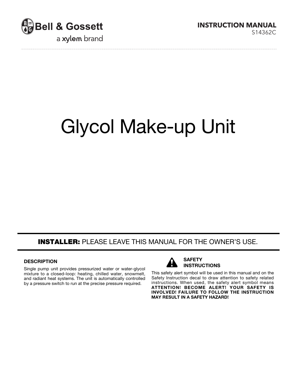 Bell & Gossett S14362C Glycol Make-up Unit User Manual | 10 pages