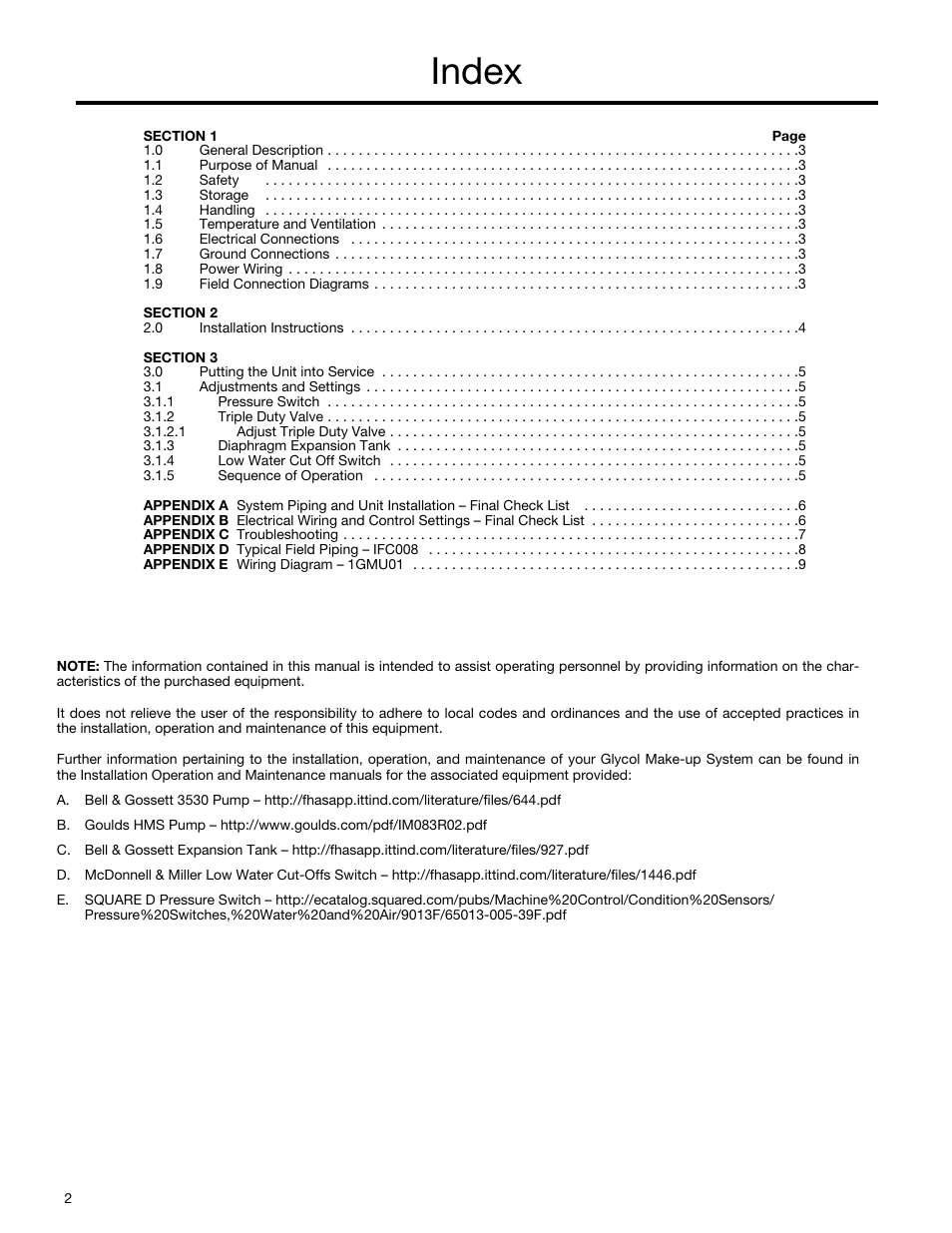 Index | Bell & Gossett S14362C Glycol Make-up Unit User Manual | Page 2 / 10