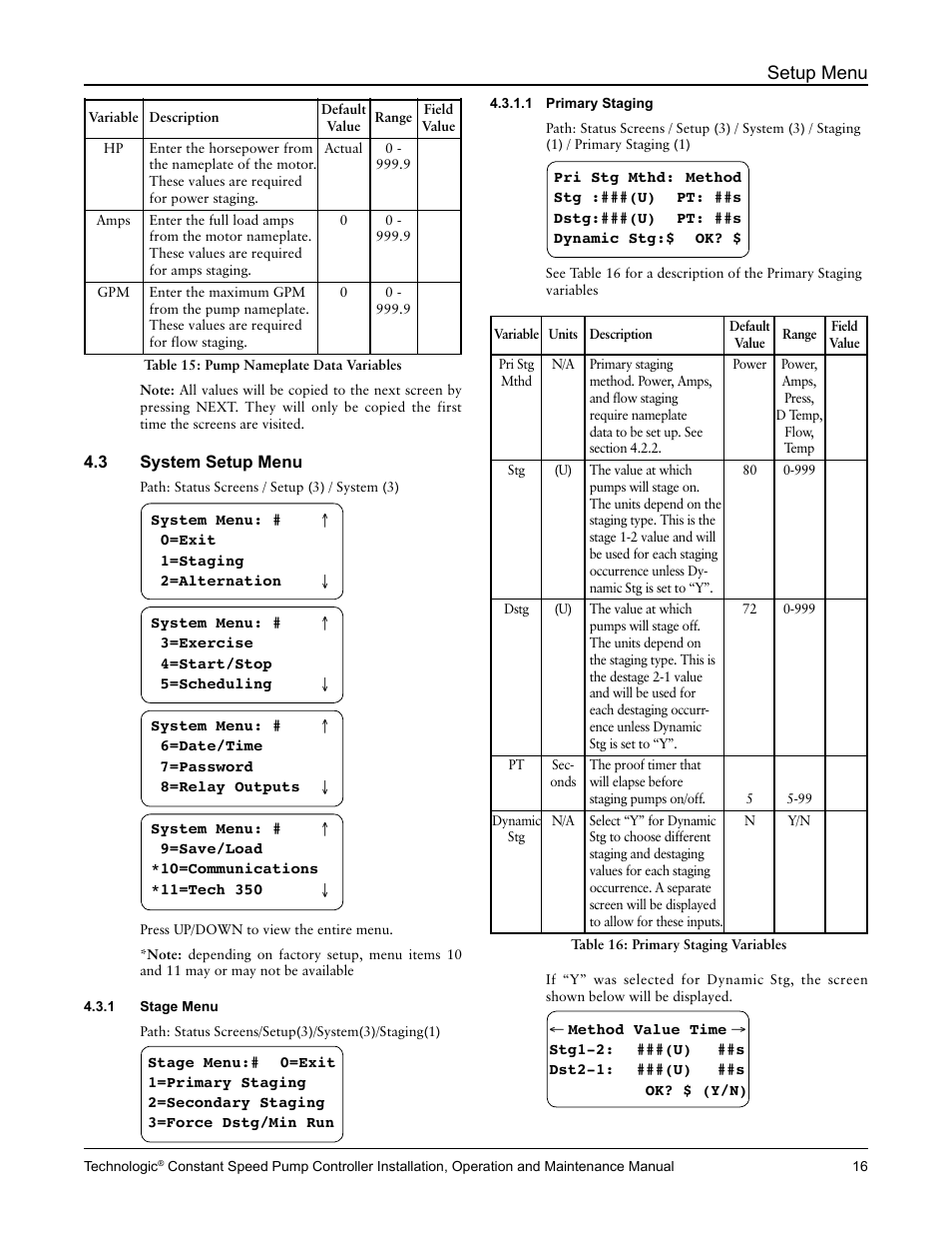 Setup menu | Bell & Gossett S14367B Technologic Constant Speed Pump Controller User Manual | Page 16 / 44