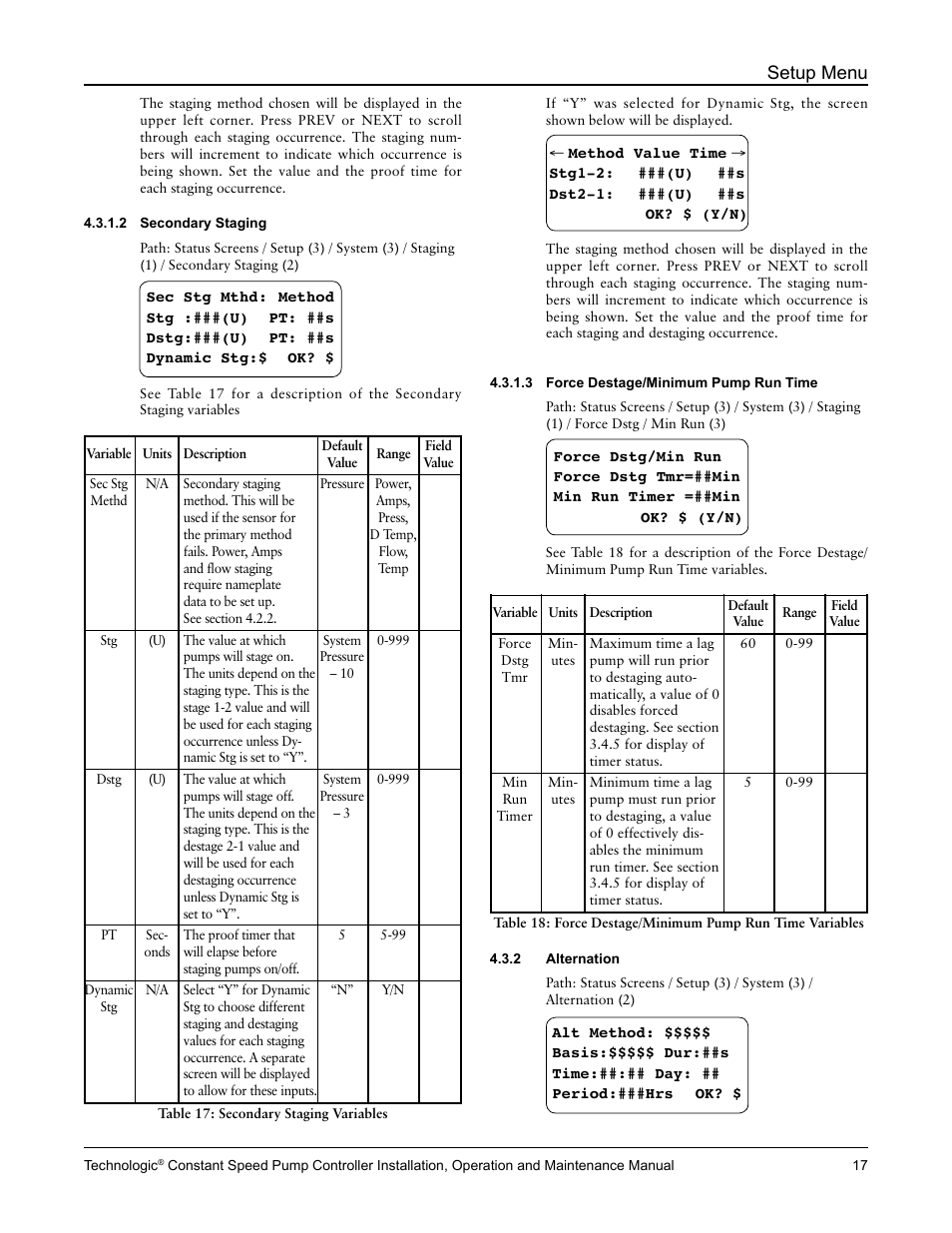 Setup menu | Bell & Gossett S14367B Technologic Constant Speed Pump Controller User Manual | Page 17 / 44