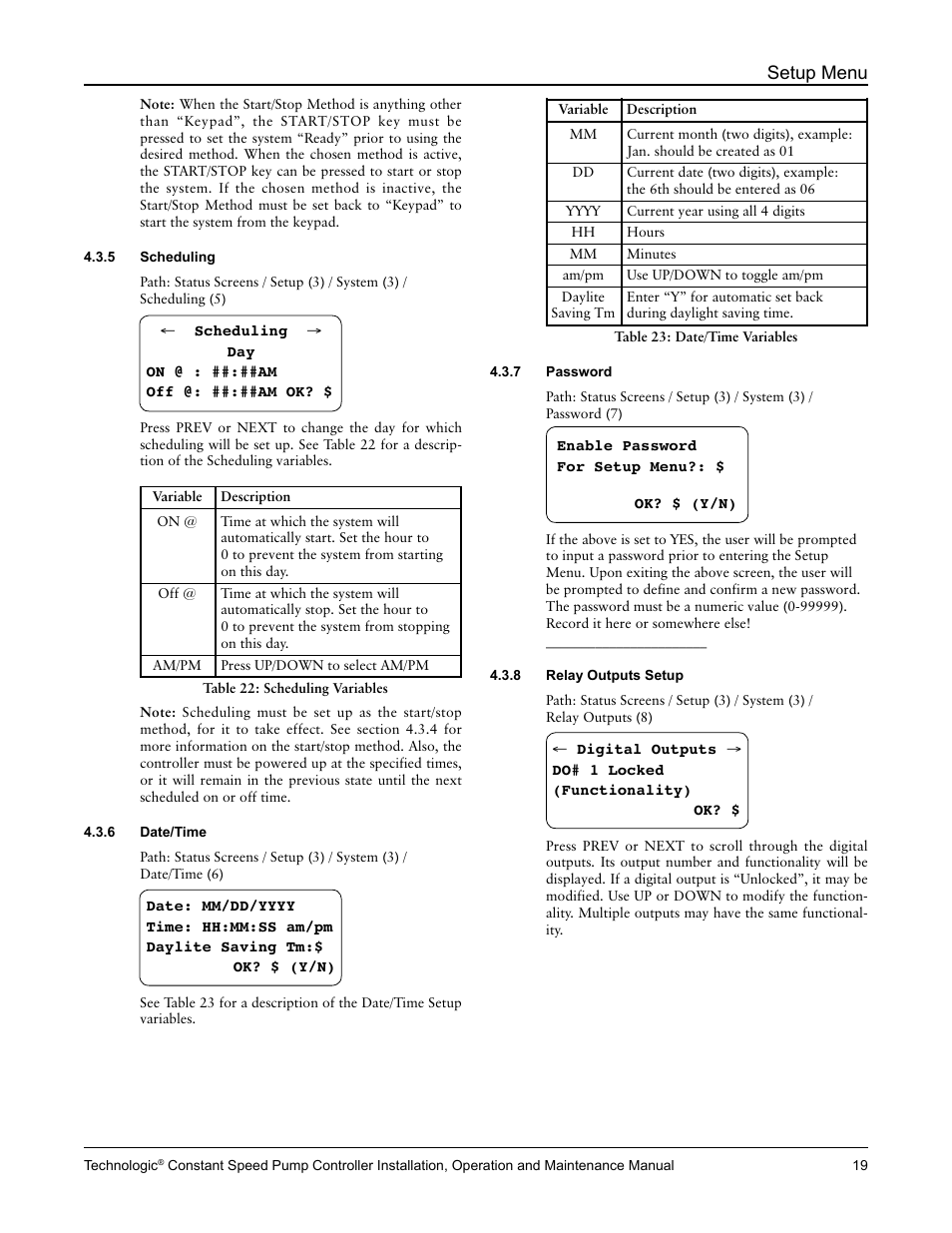 Setup menu | Bell & Gossett S14367B Technologic Constant Speed Pump Controller User Manual | Page 19 / 44