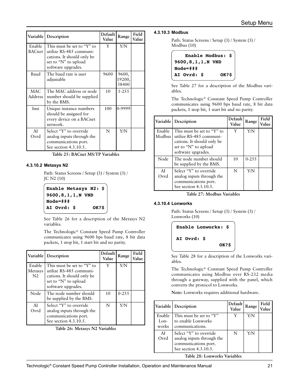 Setup menu | Bell & Gossett S14367B Technologic Constant Speed Pump Controller User Manual | Page 21 / 44