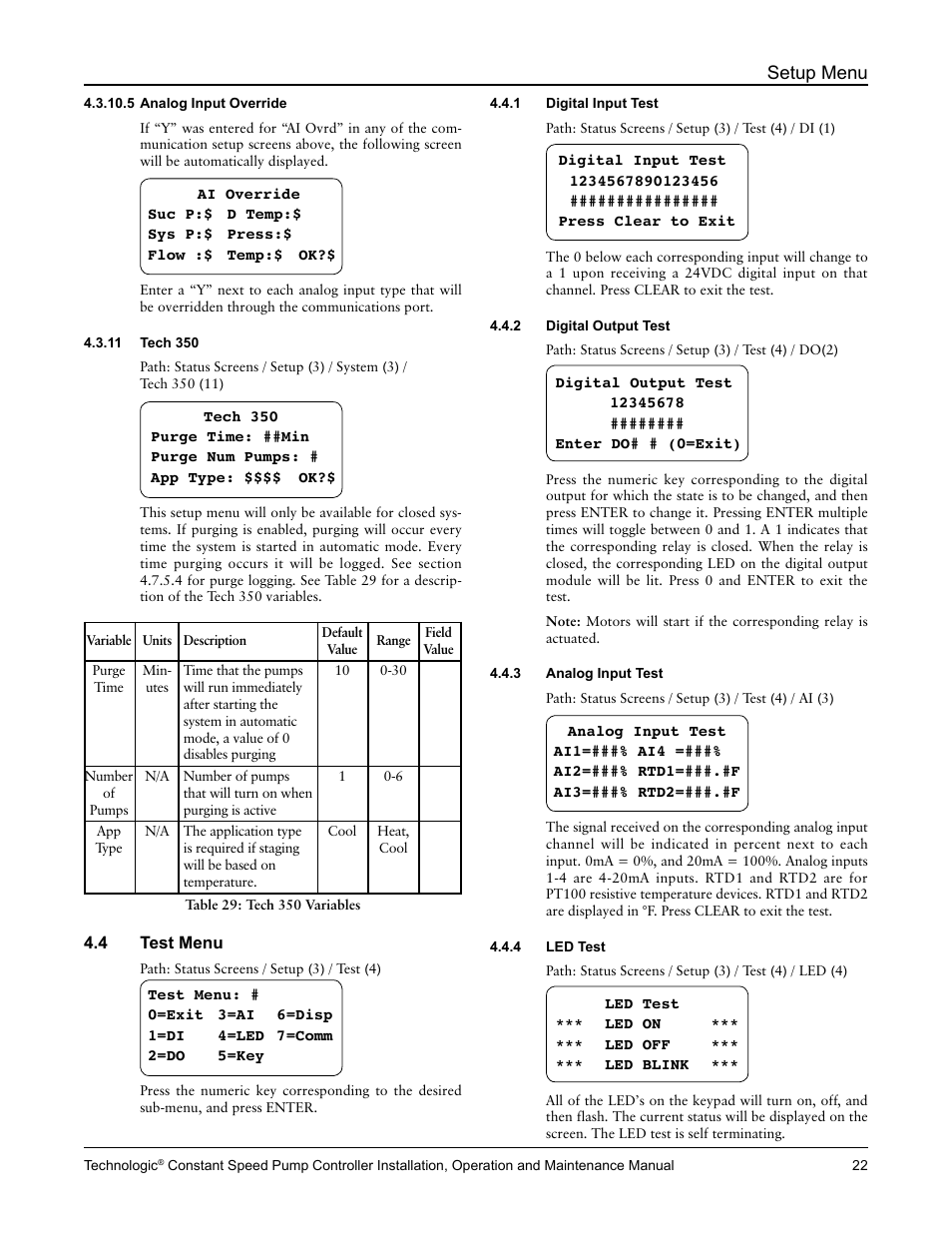 Setup menu | Bell & Gossett S14367B Technologic Constant Speed Pump Controller User Manual | Page 22 / 44