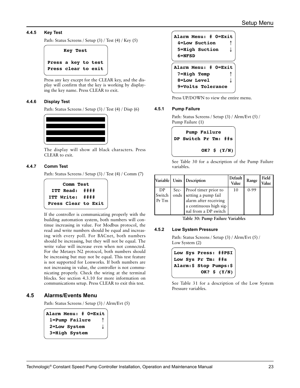 Setup menu | Bell & Gossett S14367B Technologic Constant Speed Pump Controller User Manual | Page 23 / 44
