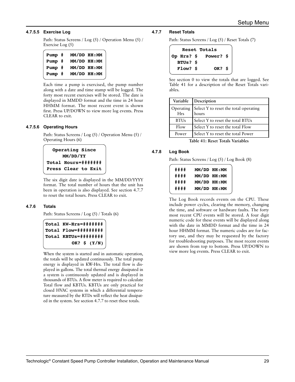 Setup menu | Bell & Gossett S14367B Technologic Constant Speed Pump Controller User Manual | Page 29 / 44