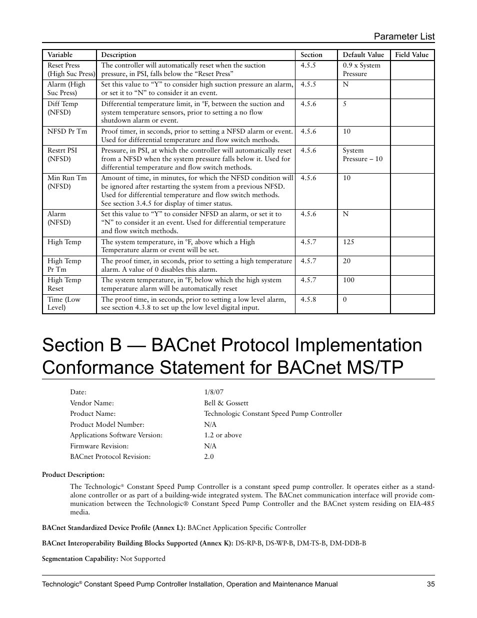 Parameter list | Bell & Gossett S14367B Technologic Constant Speed Pump Controller User Manual | Page 35 / 44