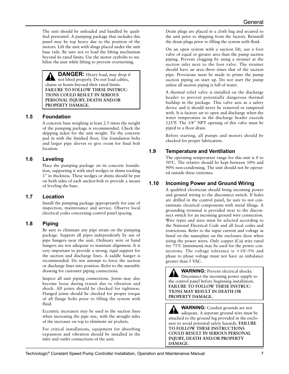 General, Danger | Bell & Gossett S14367B Technologic Constant Speed Pump Controller User Manual | Page 7 / 44