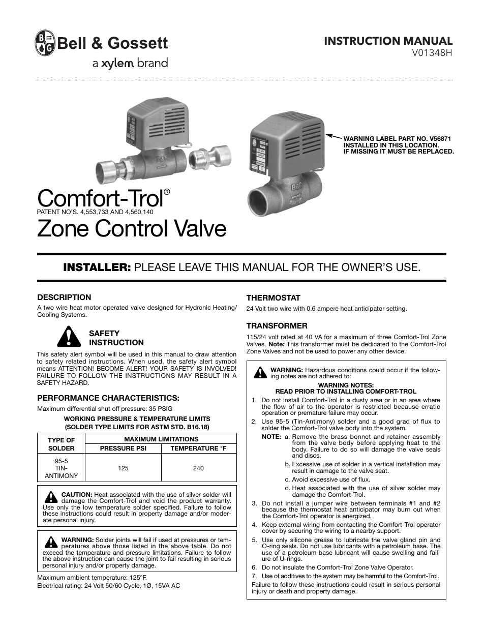 Bell & Gossett V01348H Comfort Trol Zone Control Valve User Manual | 4 pages
