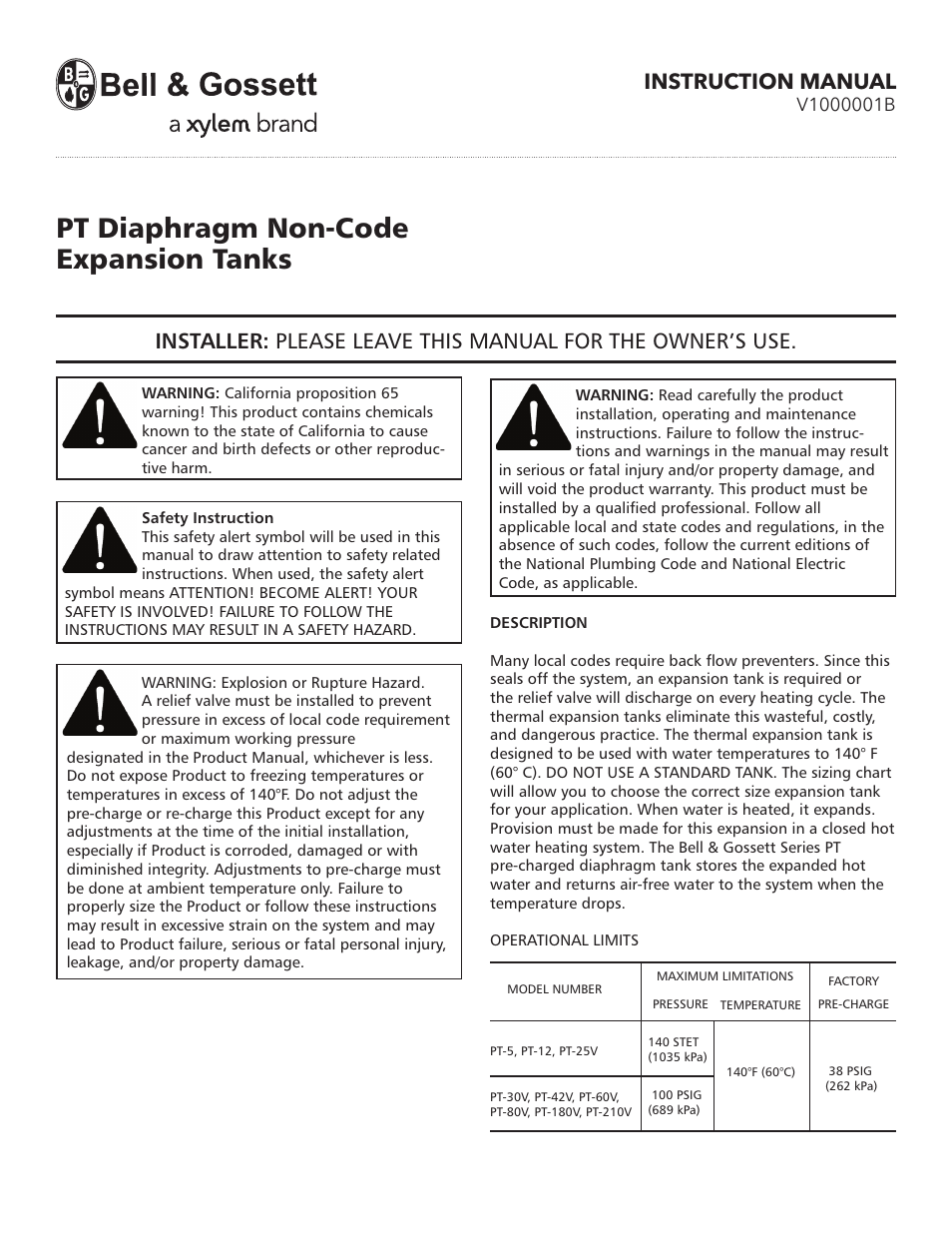 Bell & Gossett V1000001B PT Diaphragm Non-Code Expansion Tanks User Manual | 4 pages