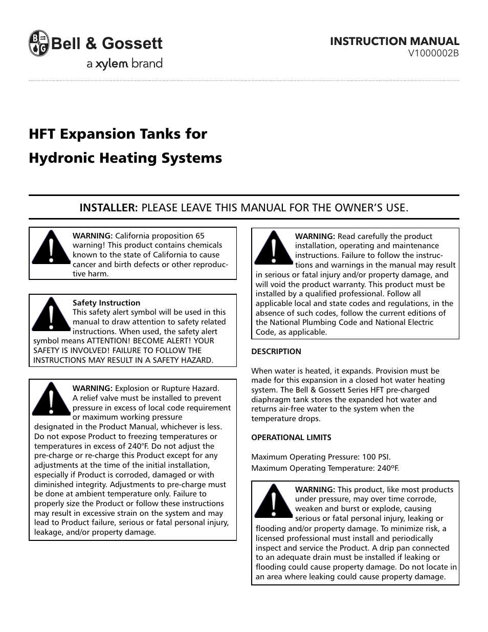 Bell & Gossett HFT Expansion Tanks for Hydronic Heating Systems User Manual | 4 pages