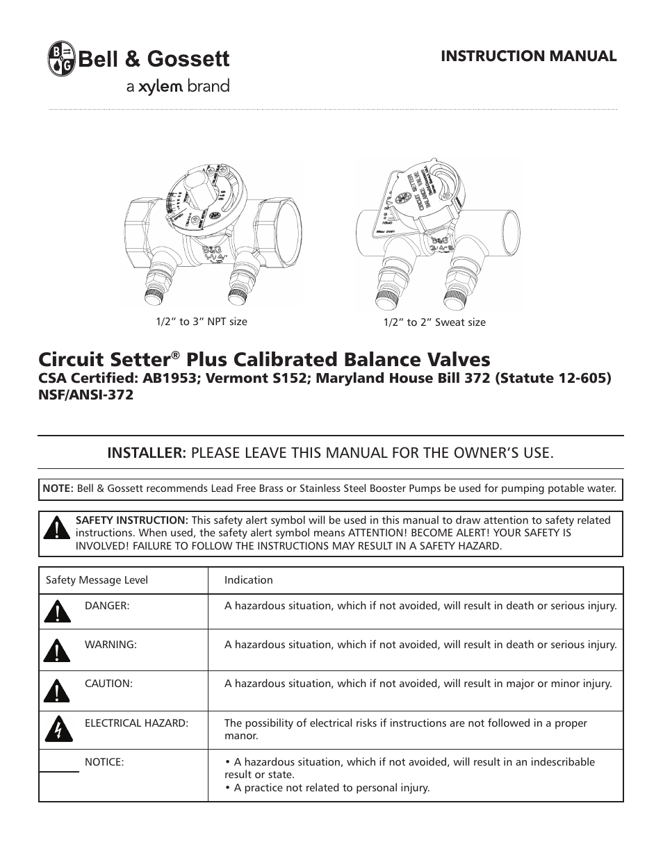 Bell & Gossett V1000187C Circuit Setter Plus Calibrated Balance Valves – Lead-Free User Manual | 6 pages