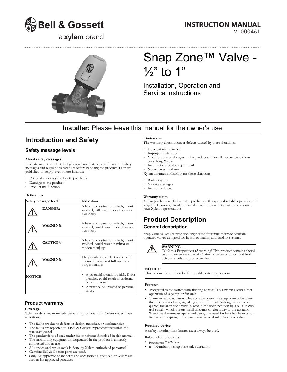 Bell & Gossett V1000461 Snap Zone Valve – ½” to 1” User Manual | 4 pages