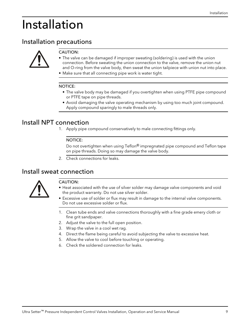 Installation, Installation precautions, Install npt connection | Install sweat connection | Bell & Gossett V1000520 Ultra Setter Pressure Independent Control Valves User Manual | Page 11 / 20