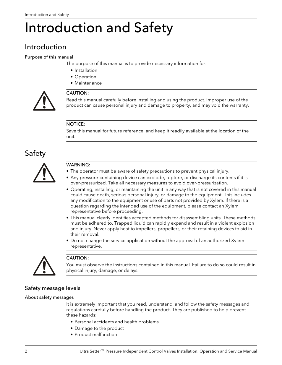 Introduction and safety, Introduction, Safety | Safety message levels, Introduction safety | Bell & Gossett V1000520 Ultra Setter Pressure Independent Control Valves User Manual | Page 4 / 20