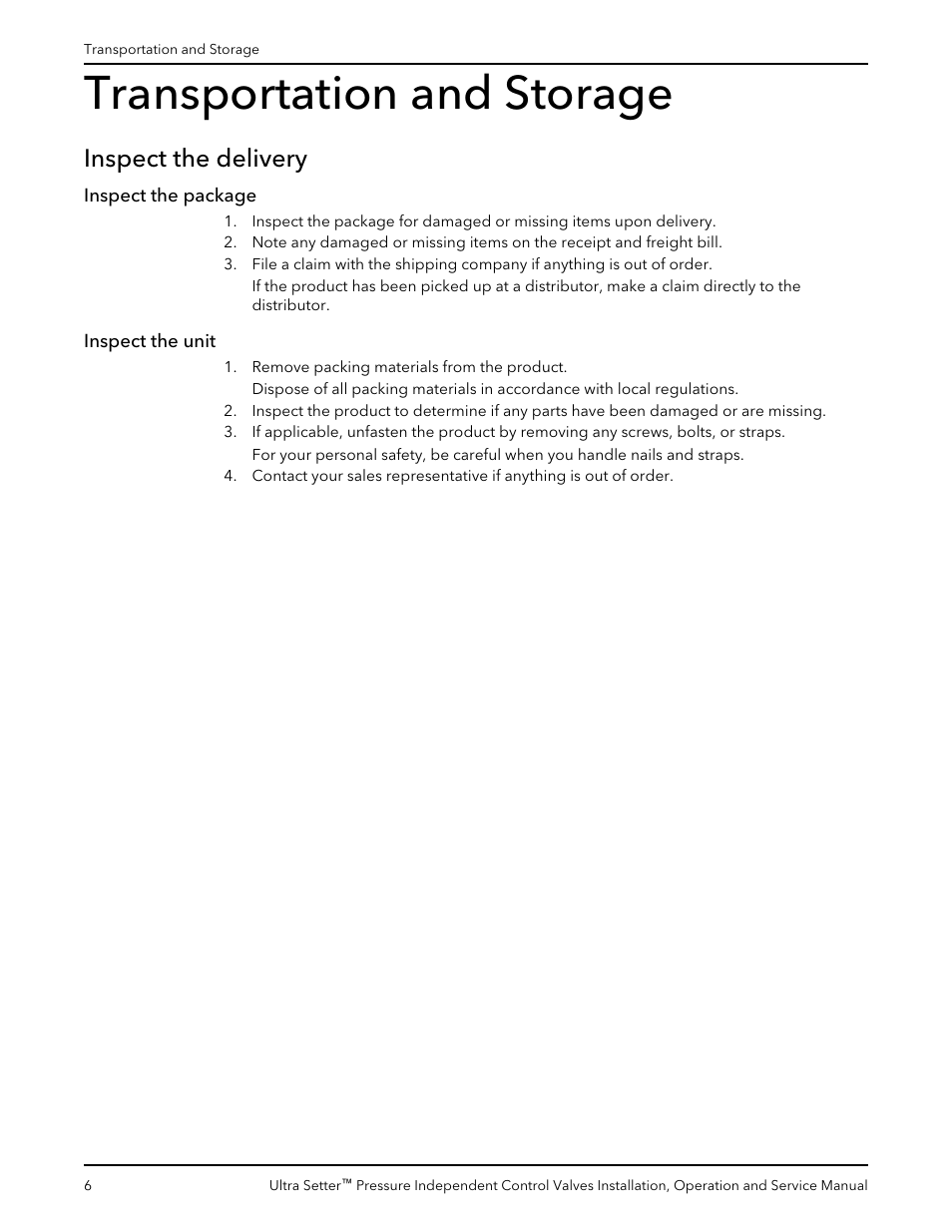 Transportation and storage, Inspect the delivery, Inspect the package | Inspect the unit, Inspect the package inspect the unit | Bell & Gossett V1000520 Ultra Setter Pressure Independent Control Valves User Manual | Page 8 / 20