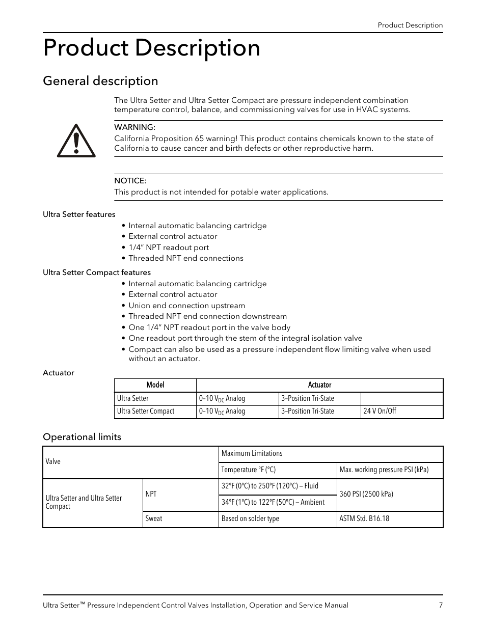 Product description, General description, Operational limits | Bell & Gossett V1000520 Ultra Setter Pressure Independent Control Valves User Manual | Page 9 / 20