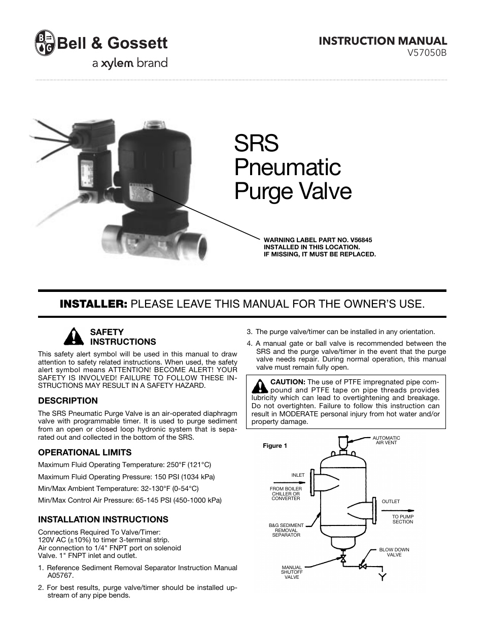 Bell & Gossett V57050B SRS Pneumatic Purge Valve User Manual | 4 pages