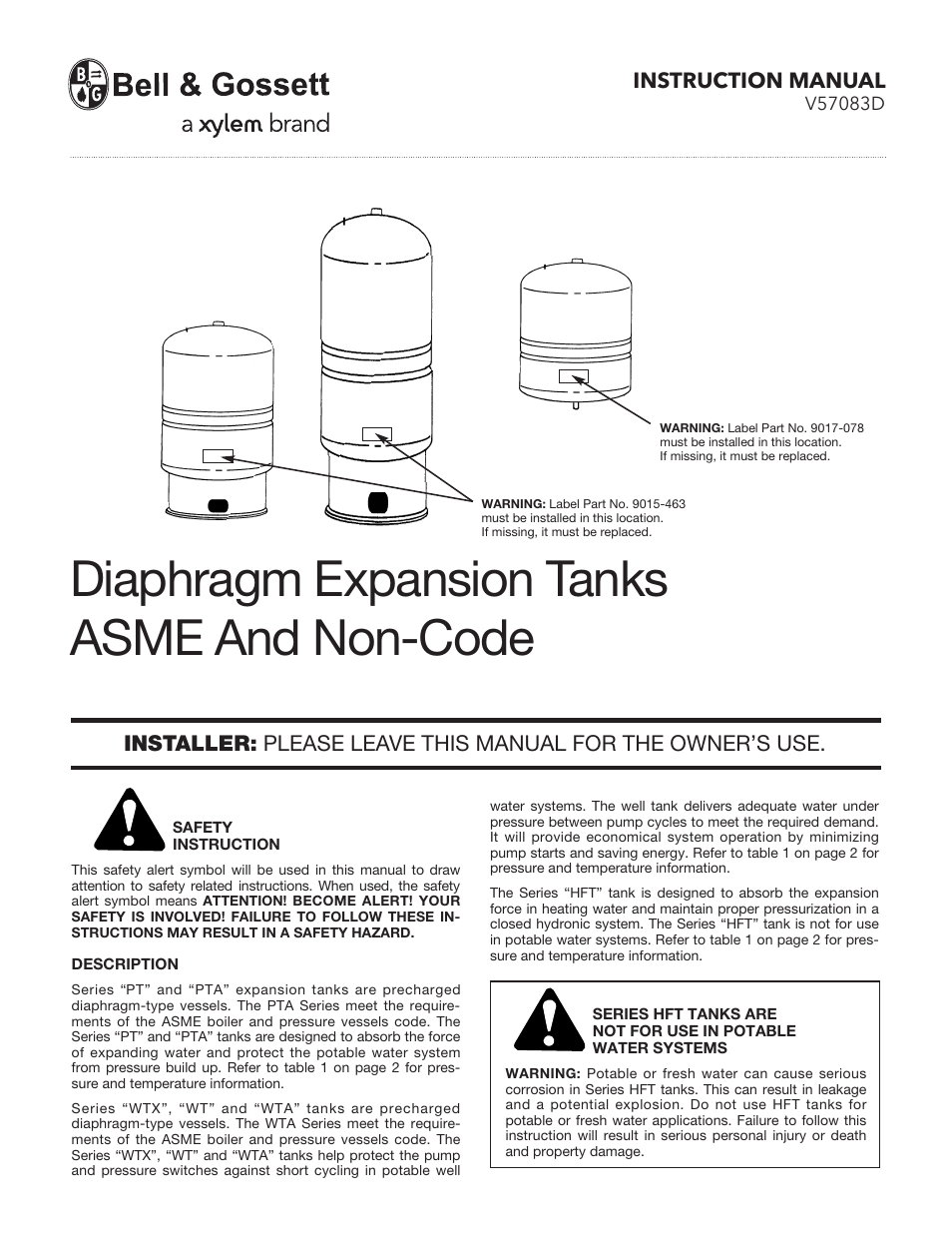 Bell & Gossett V57083D Diaphragm Expansion Tanks ASME And Non-Code User Manual | 4 pages