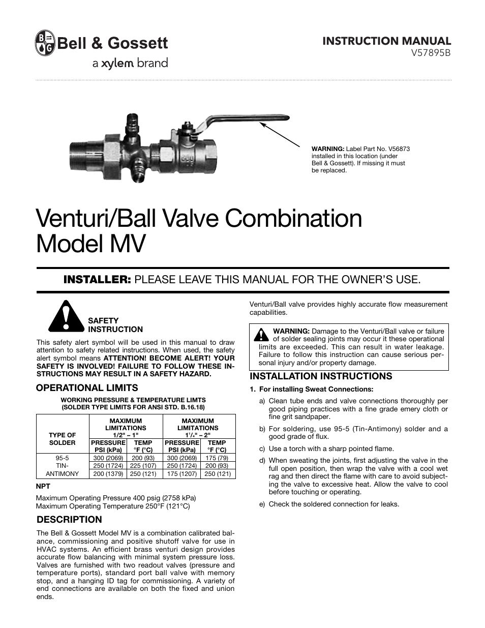 Bell & Gossett V57895B Venturi/Ball Valve Combination MV User Manual | 2 pages