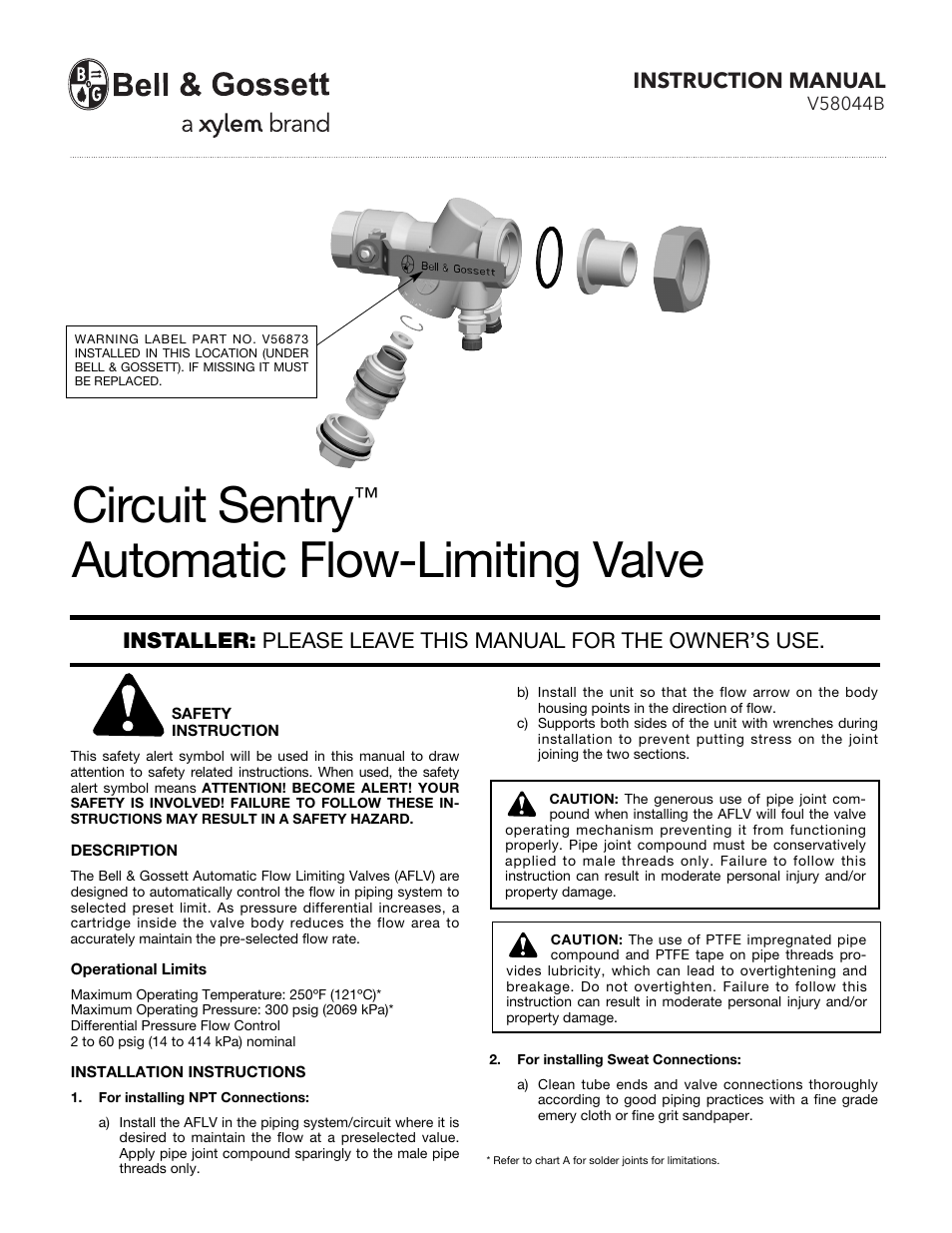 Bell & Gossett V58044B Circuit Sentry Automatic Flow-Limiting Valve User Manual | 2 pages