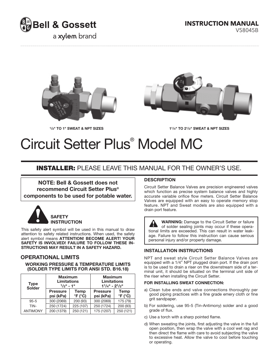 Bell & Gossett V58045B Circuit Setter Plus MC User Manual | 4 pages