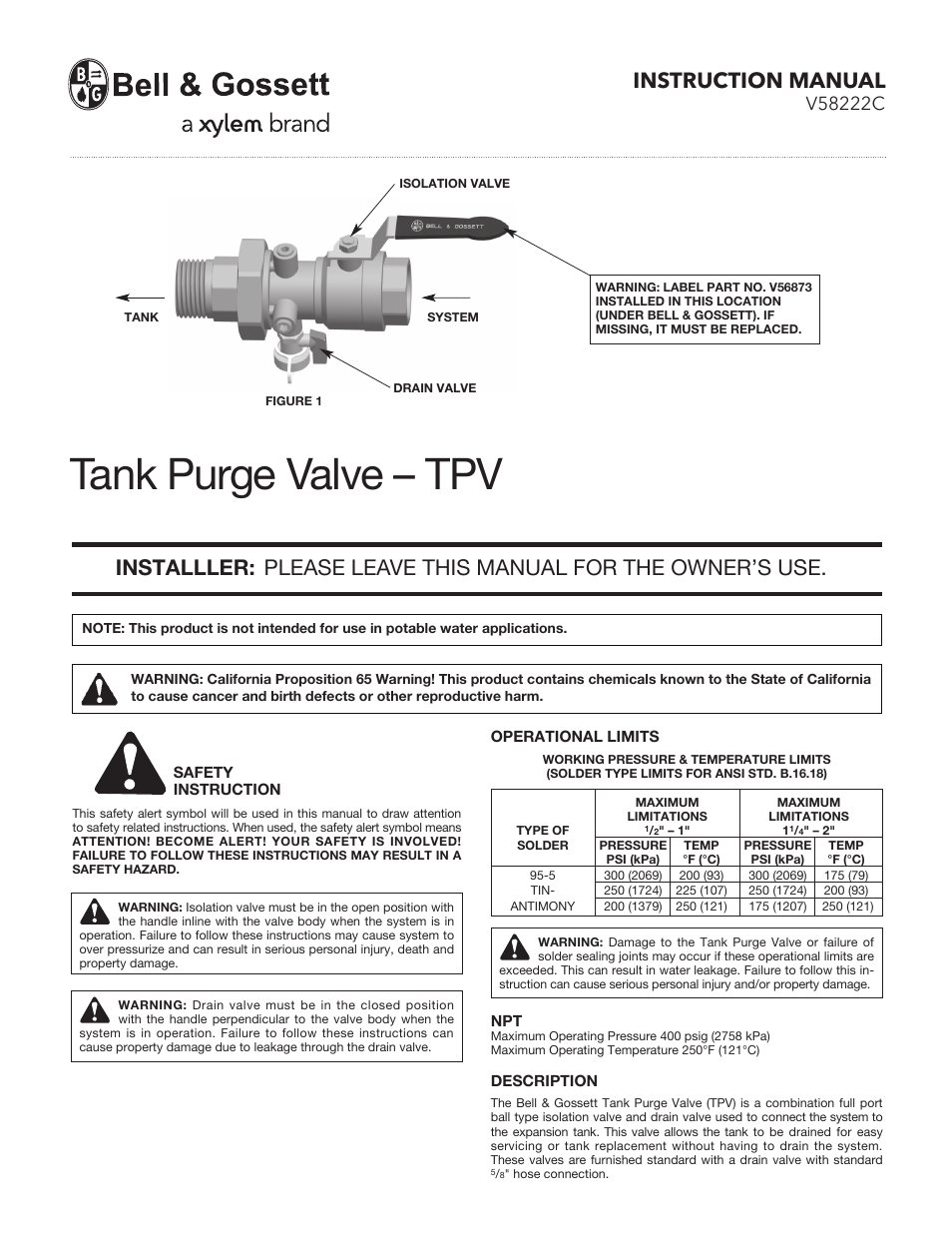 Bell & Gossett V58222C Tank Purge Valve – TPV User Manual | 2 pages