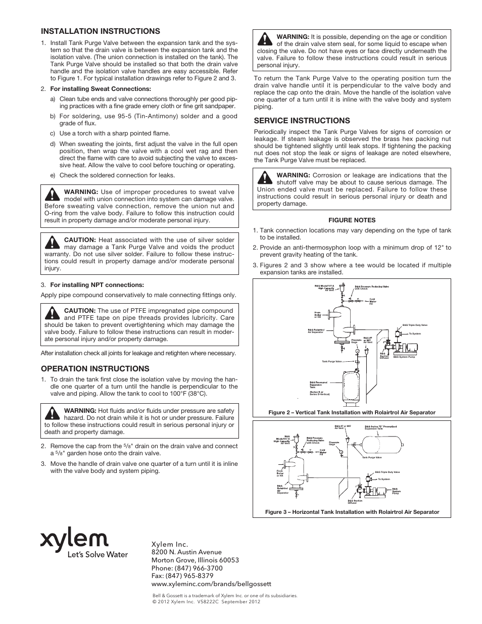 Installation instructions, Operation instructions, Service instructions | Xylem inc | Bell & Gossett V58222C Tank Purge Valve – TPV User Manual | Page 2 / 2