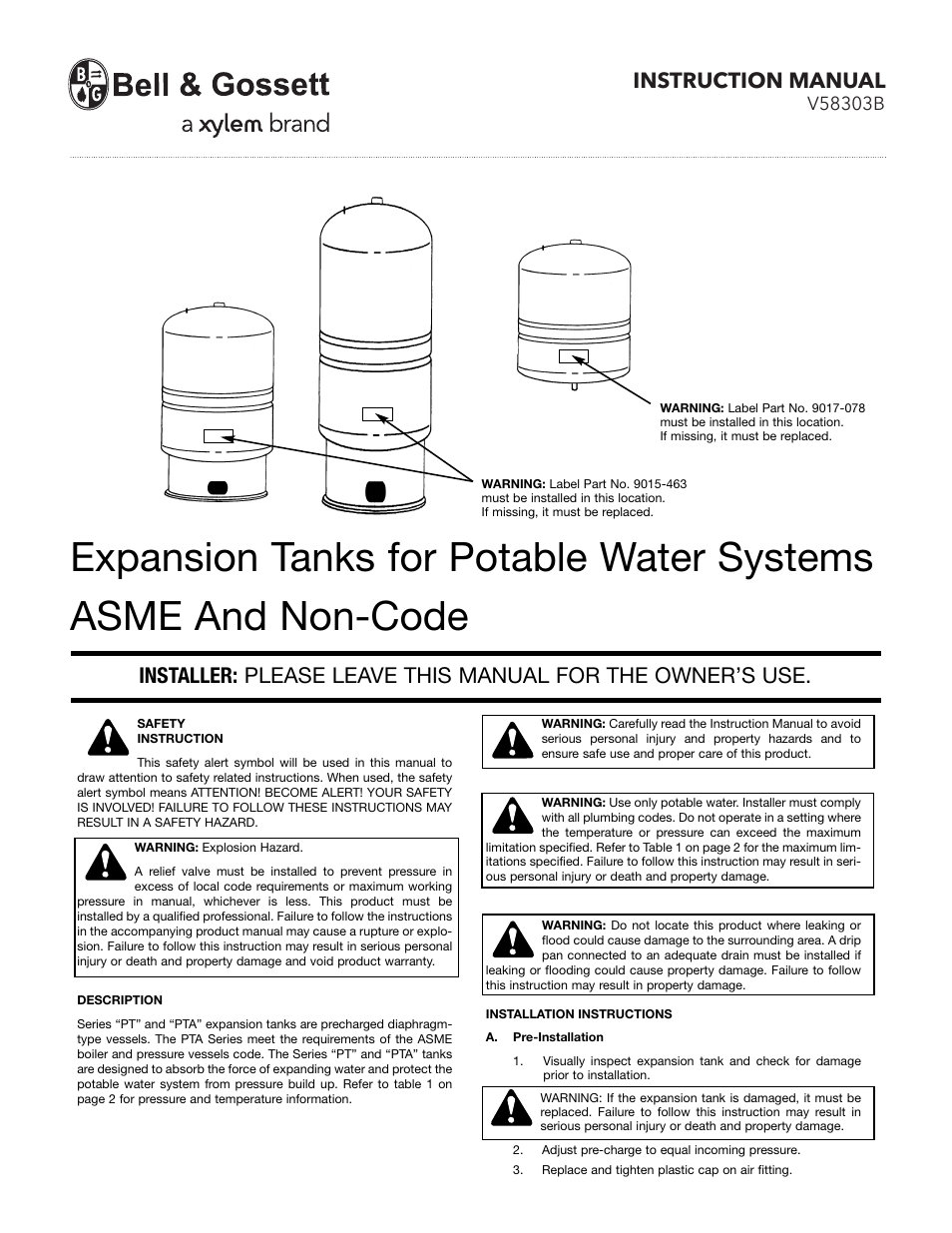 Bell & Gossett V58303B Expansion Tanks for Potable Water Systems ASME And Non-Code User Manual | 2 pages