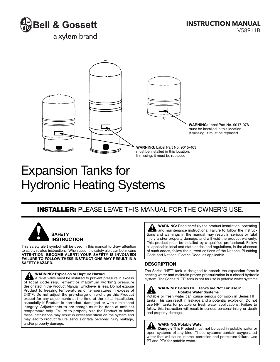 Bell & Gossett V58911B Expansion Tanks for Hydronic Heating Systems User Manual | 4 pages