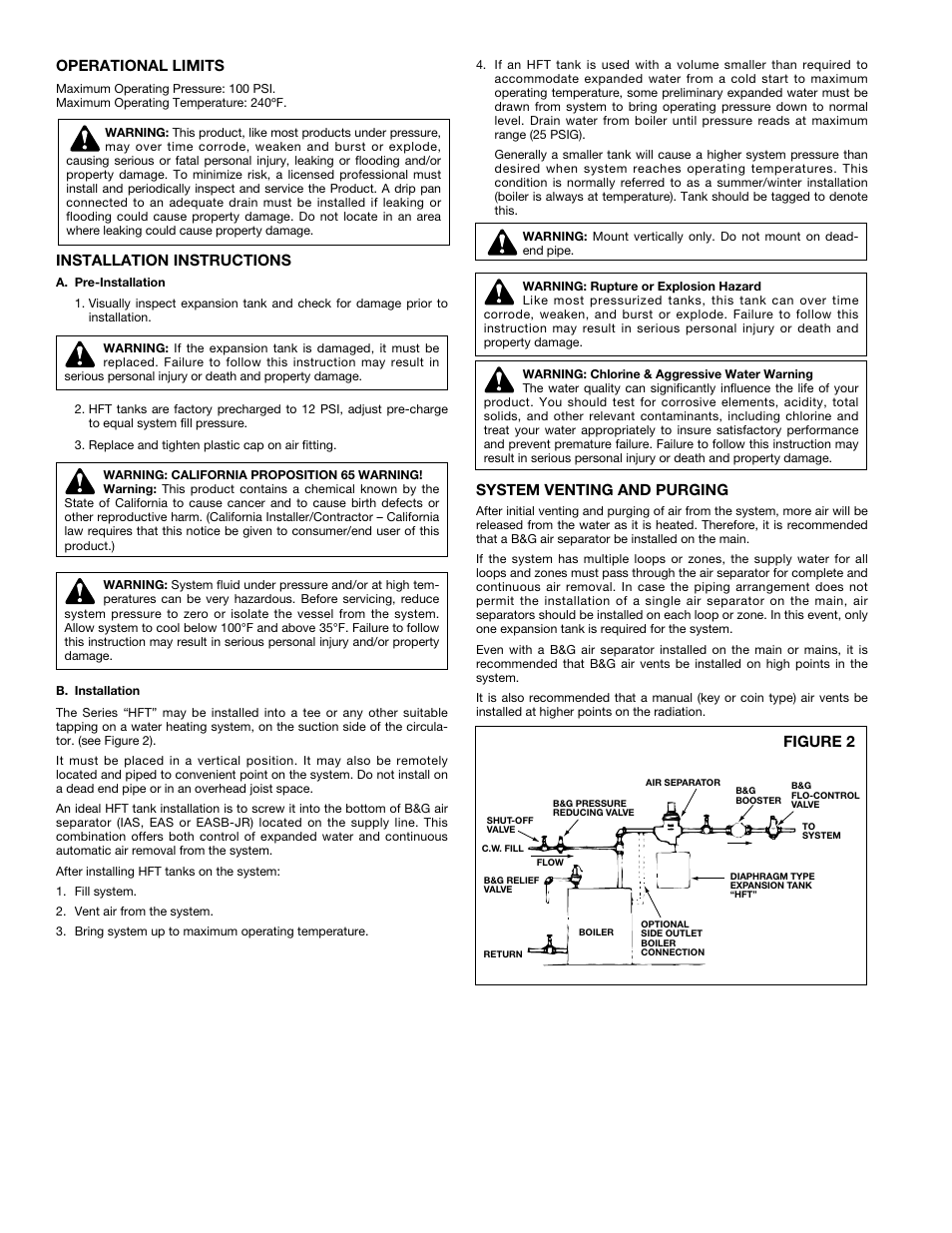 Operational limits, Installation instructions, System venting and purging | Figure 2 | Bell & Gossett V58911B Expansion Tanks for Hydronic Heating Systems User Manual | Page 2 / 4