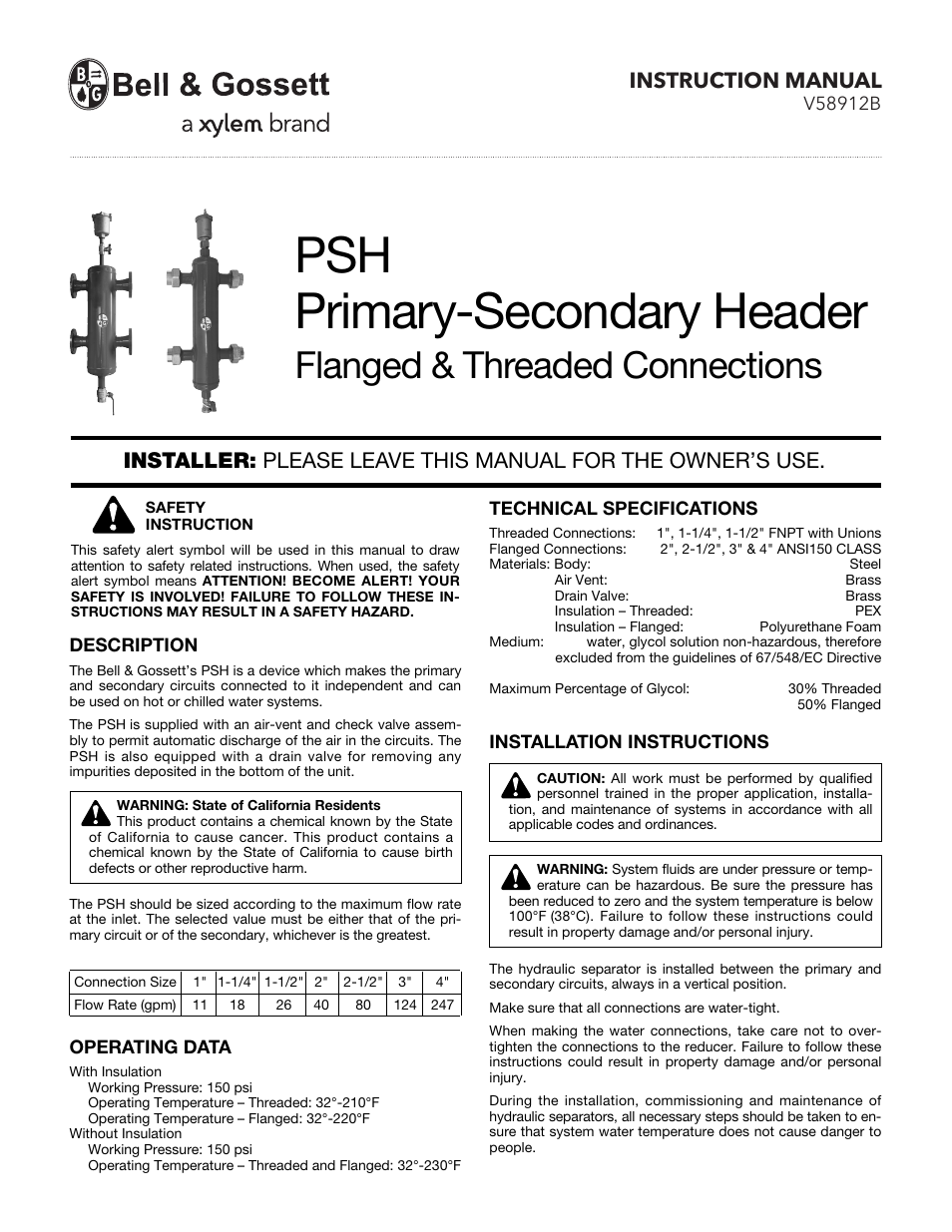 Bell & Gossett V58912B PSH Primary-Secondary Header Flanged & Threaded Connections User Manual | 2 pages